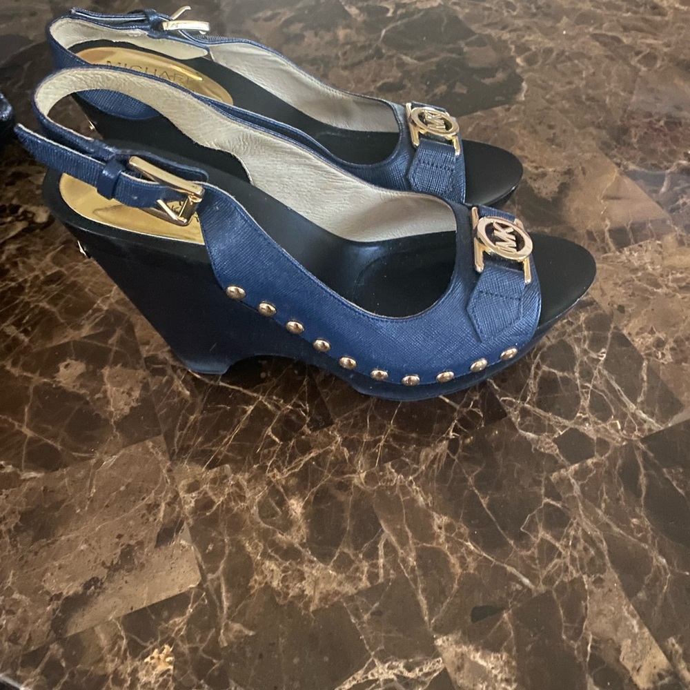 Navy Blue Suede Wedge Shoes with Silver Studs